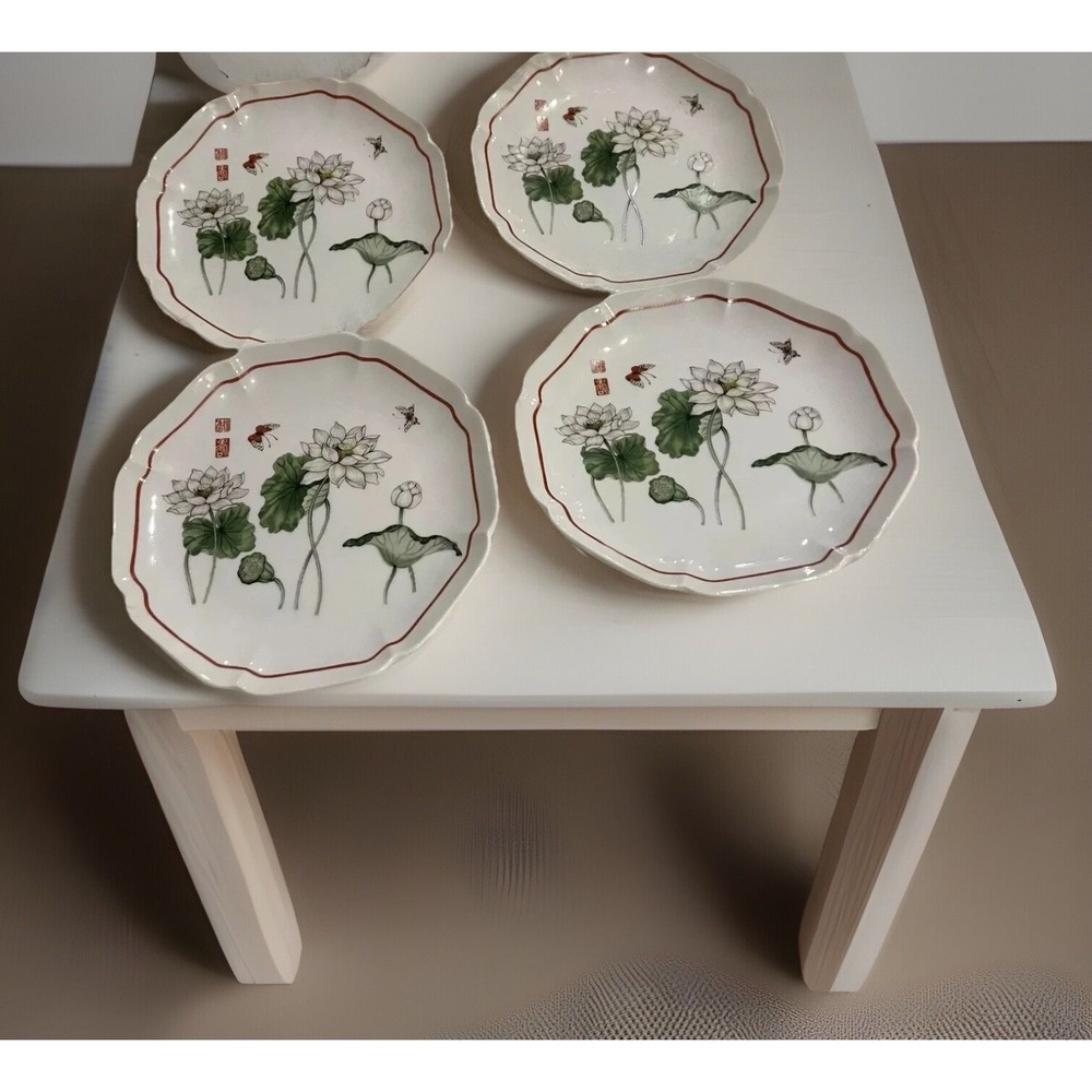 4 Japan Toscany Collection Lotus Porcelain Salad Plates Flowers Butterflies 7.5"